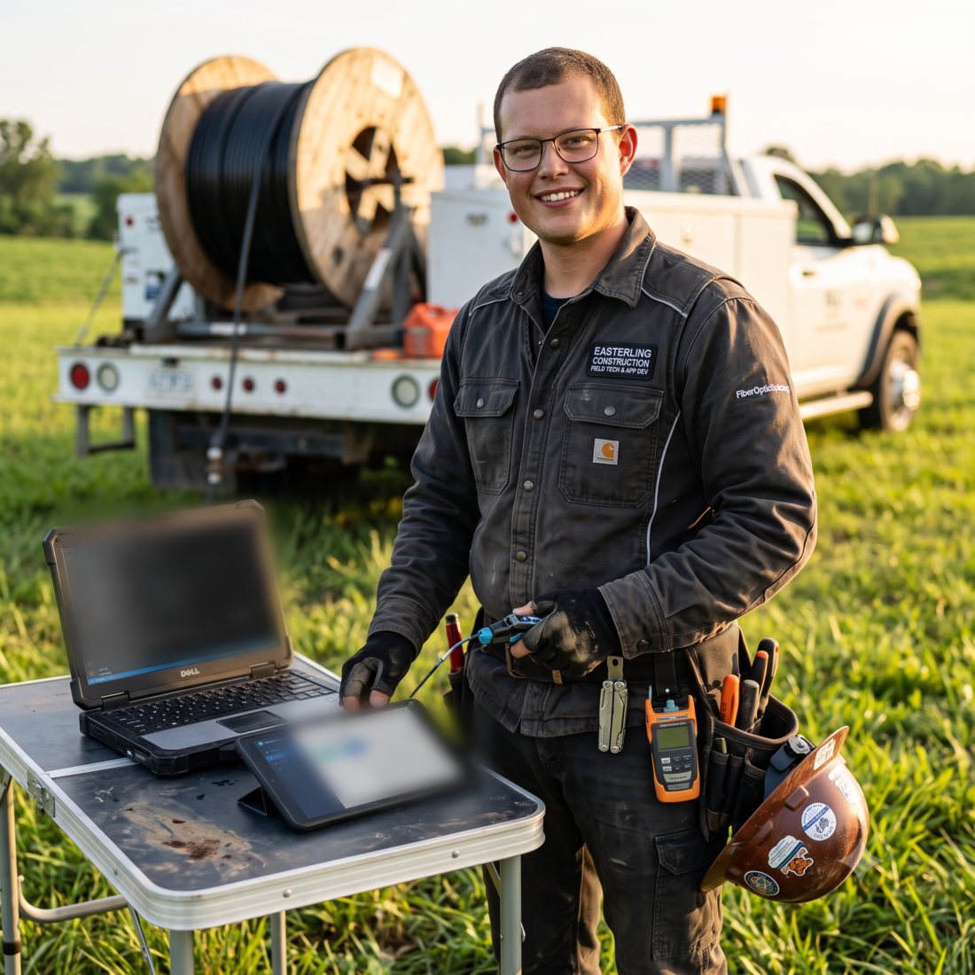 Hunter Easterling smiling in a field beside a fiber-optic cable reel, with a rugged laptop and a tablet running one of his apps on a work table